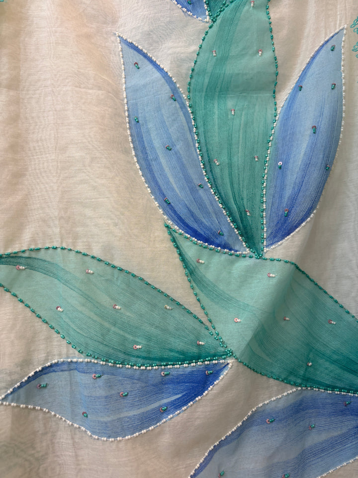 Blue Mul Chanderi Hand-Painted Floral Suit Set