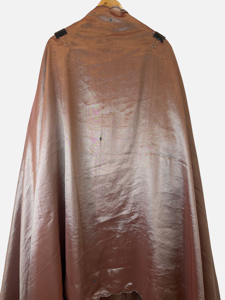 Design by Pakiza unstitched Kanjivaram silk fabric in a shimmering rose gold tone with subtle metallic sheen.