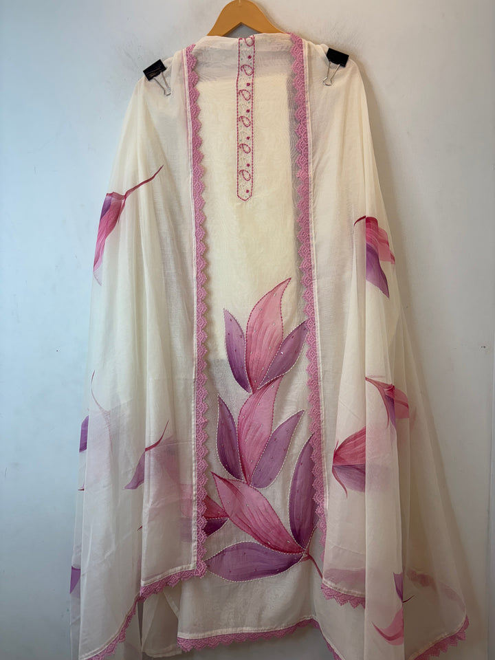 Pink Mul Chanderi Hand-Painted Floral Suit Set