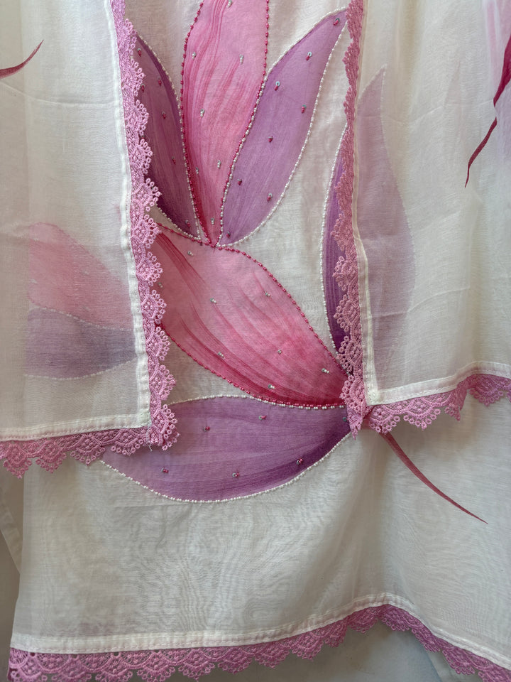 Pink Mul Chanderi Hand-Painted Floral Suit Set
