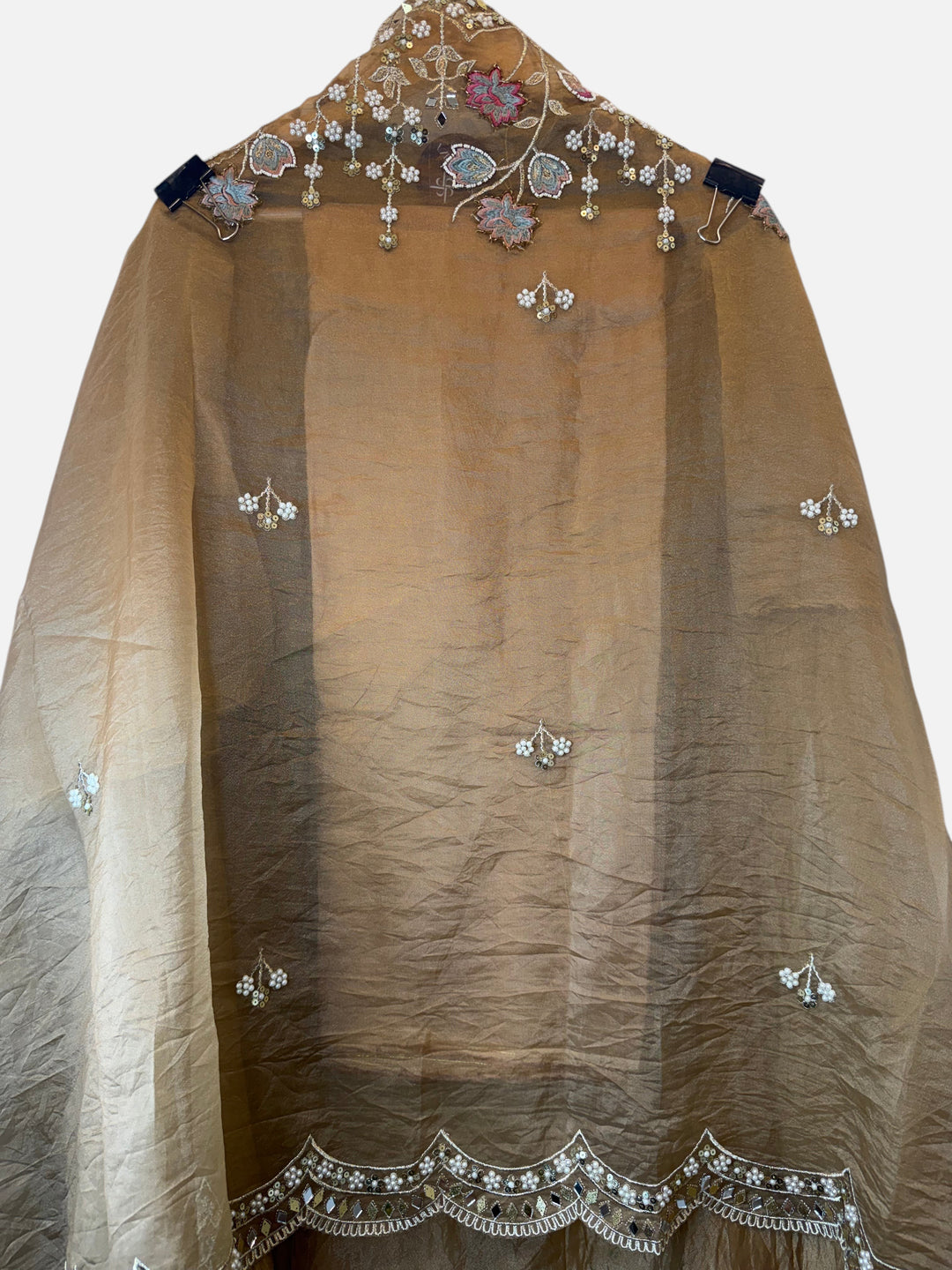 Design by Pakiza yellow crush tissue dupatta with heavy thread embroidery, mirror work, and intricate pearl detailing.