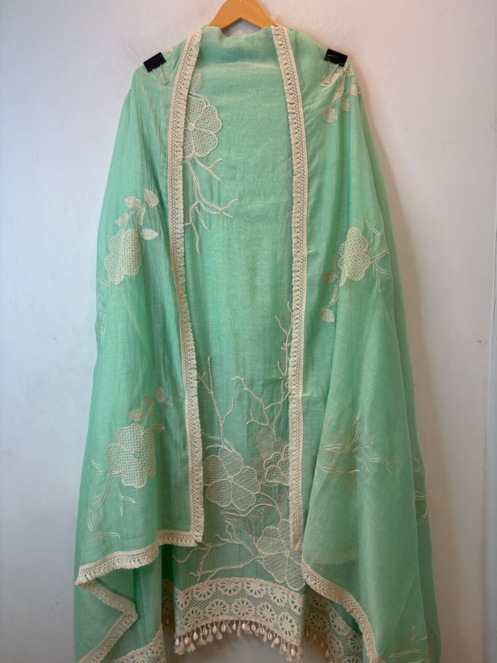 Zarevia – Mint Green Mul Cotton Embroidered Tassel Suit