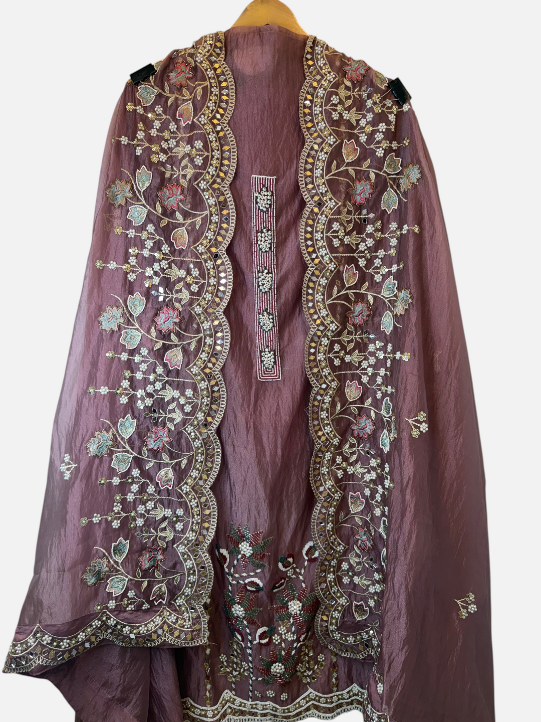 Design by Pakiza pink crush tissue dupatta with heavy thread embroidery, mirror work, and pearl embellishments