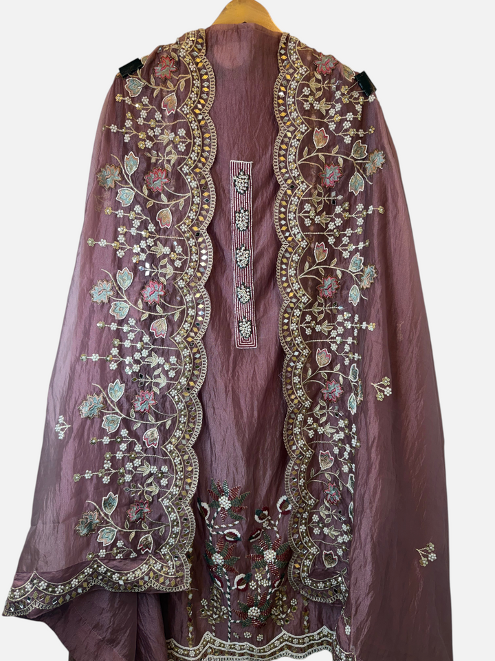 Design by Pakiza pink crush tissue dupatta with heavy thread embroidery, mirror work, and pearl embellishments