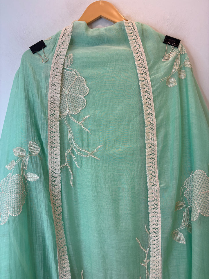 Zarevia – Mint Green Mul Cotton Embroidered Tassel Suit