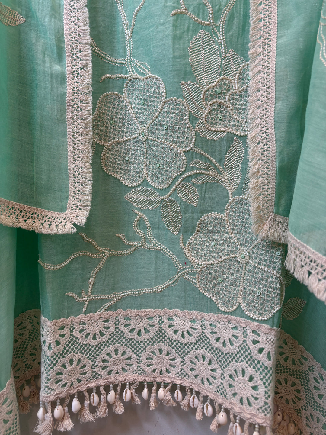 Zarevia – Mint Green Mul Cotton Embroidered Tassel Suit