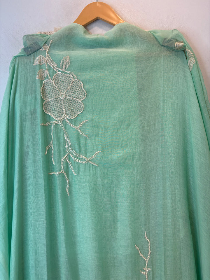 Zarevia – Mint Green Mul Cotton Embroidered Tassel Suit