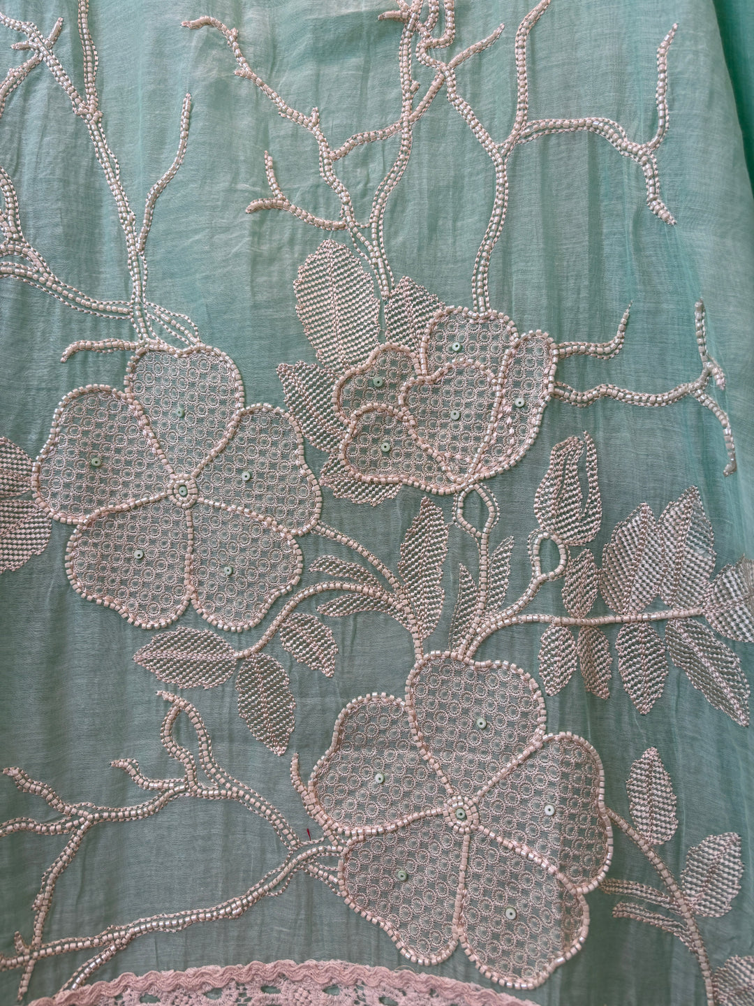 Zarevia – Mint Green Mul Cotton Embroidered Tassel Suit