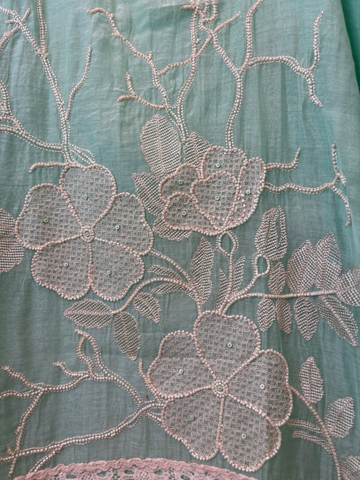 Zarevia – Mint Green Mul Cotton Embroidered Tassel Suit