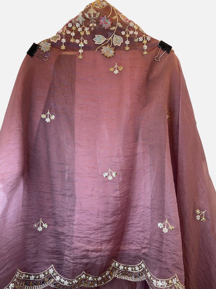 Design by Pakiza pink crush tissue fabric with intricate pearl, mirror, and beadwork embroidery on the neckline.