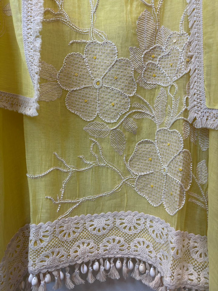 Zarevia – Lemon Yellow Mul Cotton Embroidered Tassel Suit