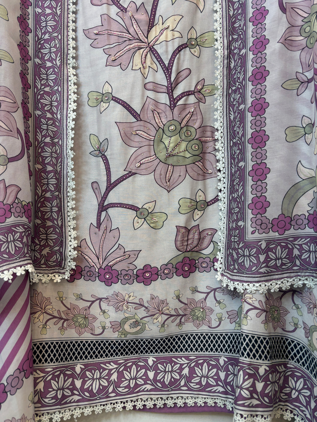 Zivara – Lavender Muslin Printed Handwork Suit