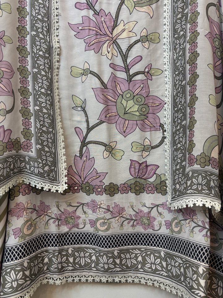 Zivara – Green Muslin Printed Handwork Suit
