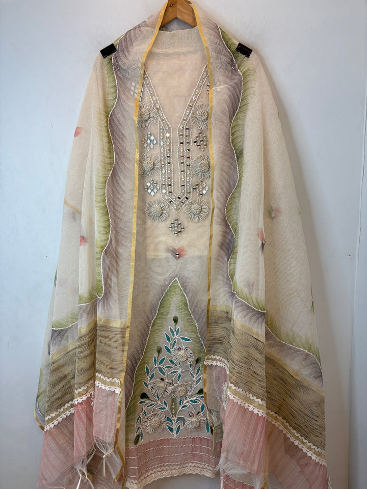 Blue Jute Cotton Mirror Work Suit Set