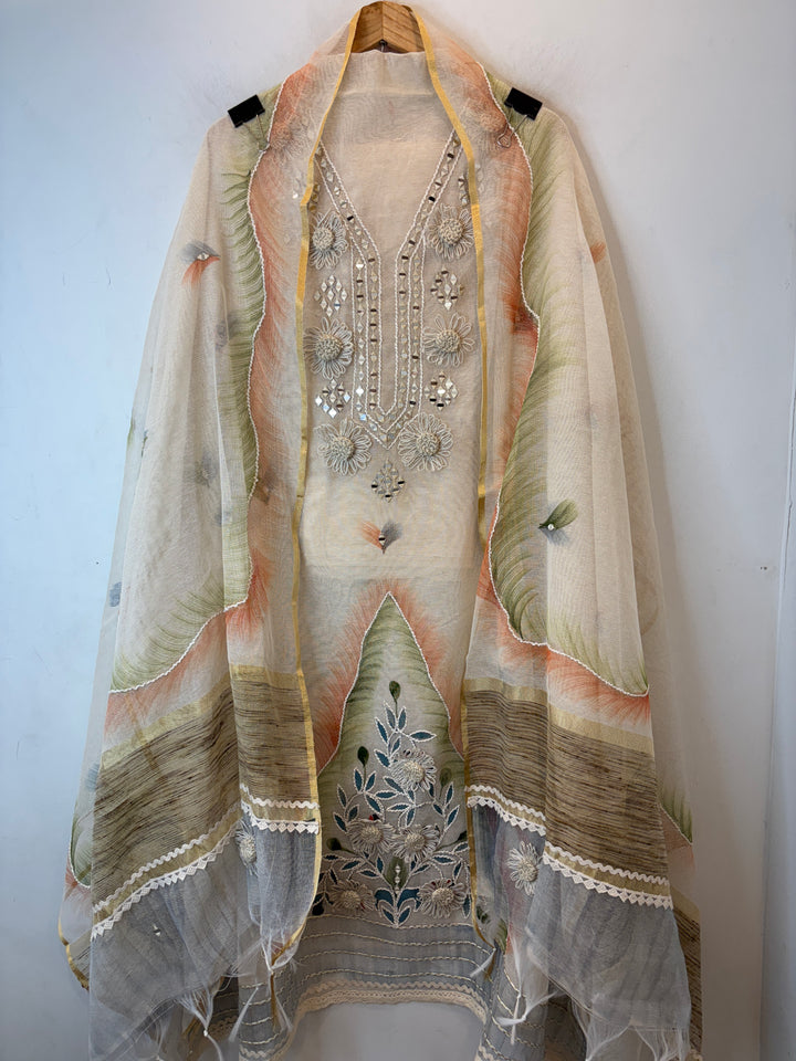 Orange Jute Cotton Mirror Work Suit Set