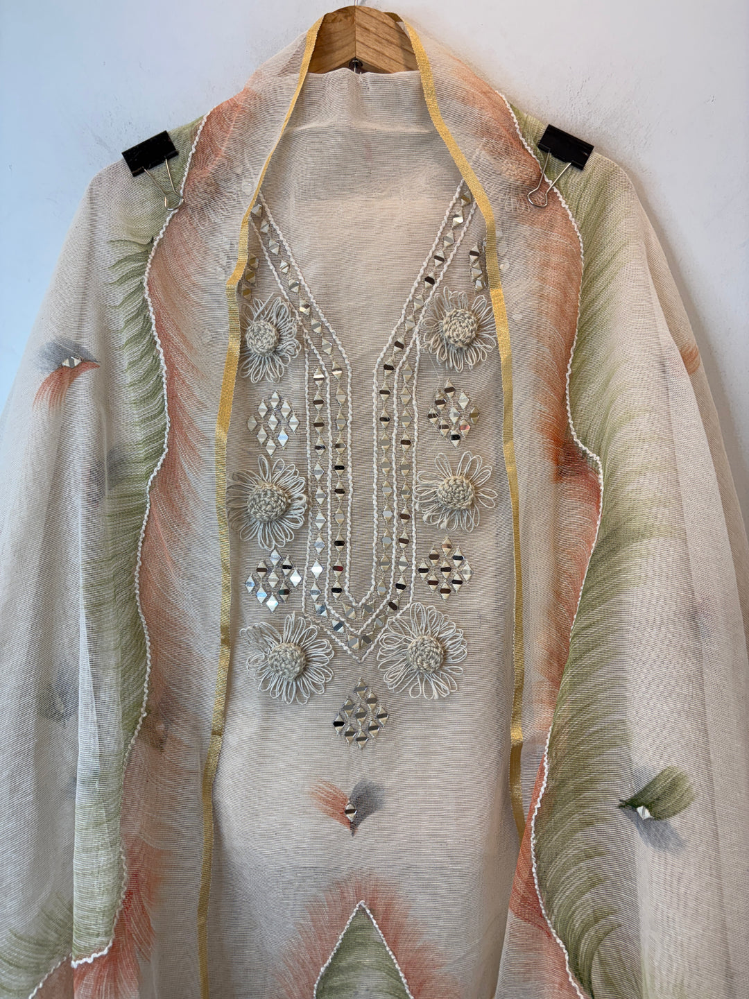 Orange Jute Cotton Mirror Work Suit Set
