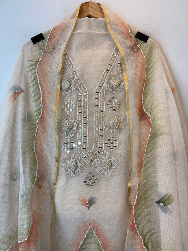 Orange Jute Cotton Mirror Work Suit Set