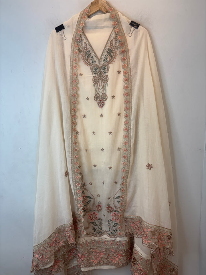 Peach Mul Cotton 3D Floral Embroidered Suit Set
