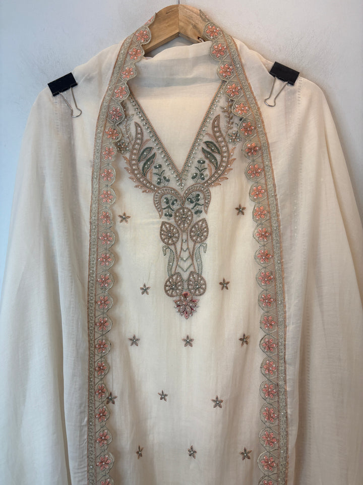 Peach Mul Cotton 3D Floral Embroidered Suit Set