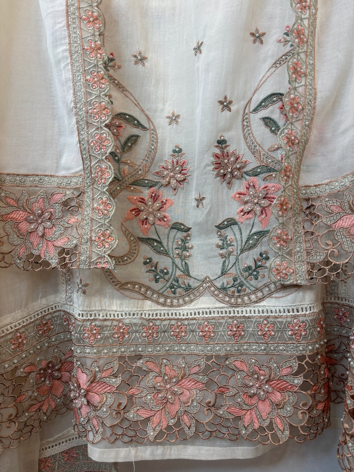 Peach Mul Cotton 3D Floral Embroidered Suit Set