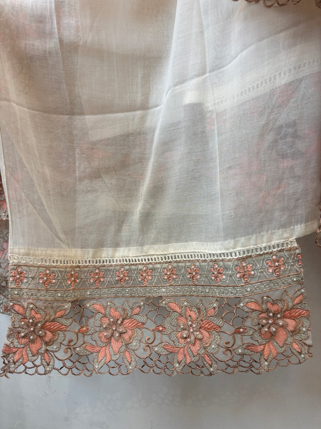 Peach Mul Cotton 3D Floral Embroidered Suit Set