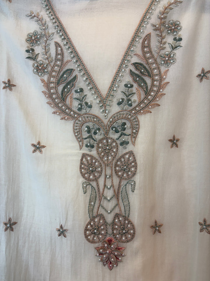 Peach Mul Cotton 3D Floral Embroidered Suit Set