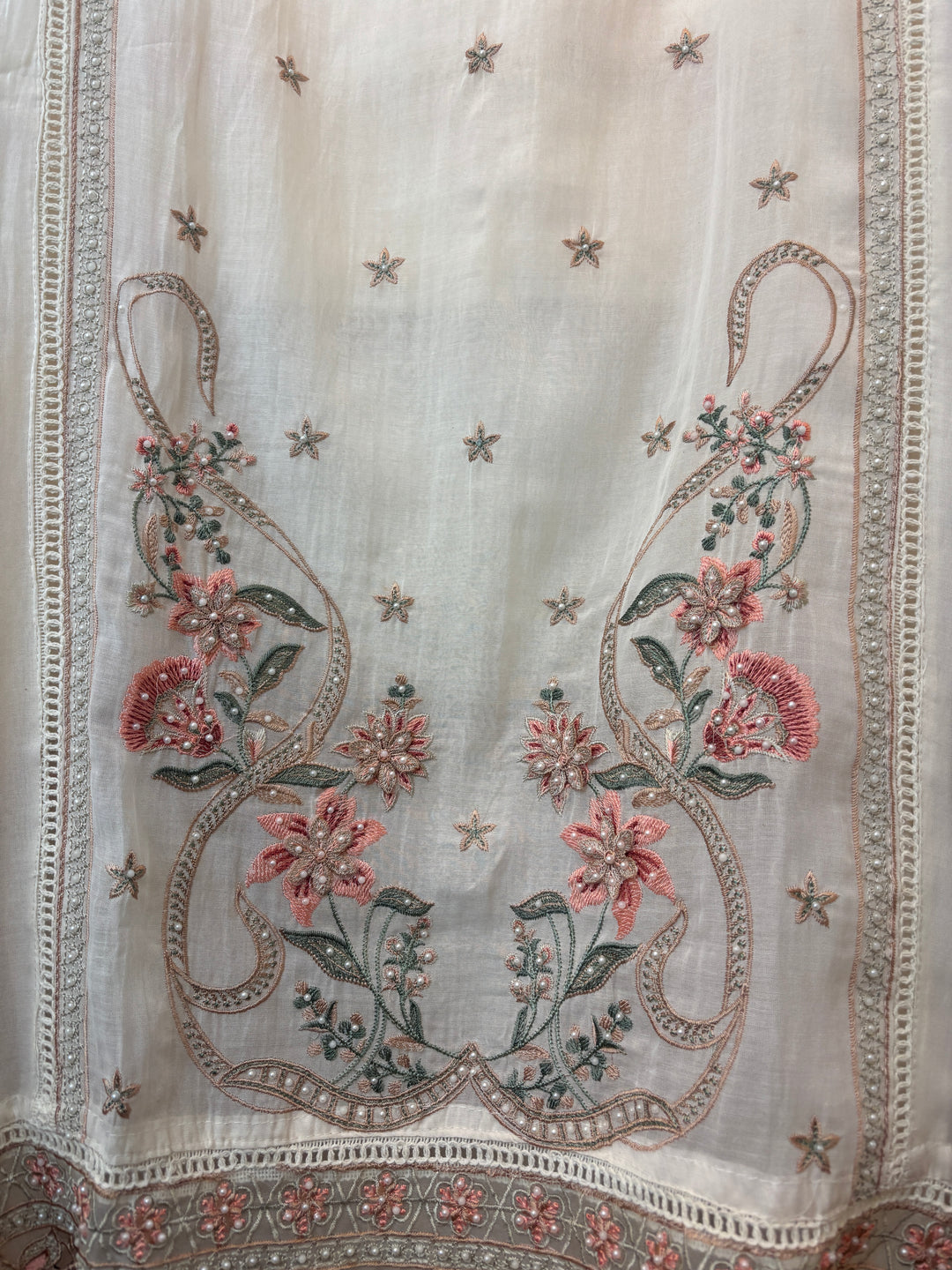 Peach Mul Cotton 3D Floral Embroidered Suit Set