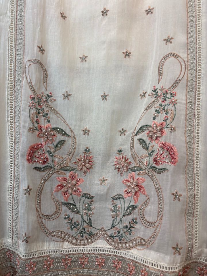 Peach Mul Cotton 3D Floral Embroidered Suit Set