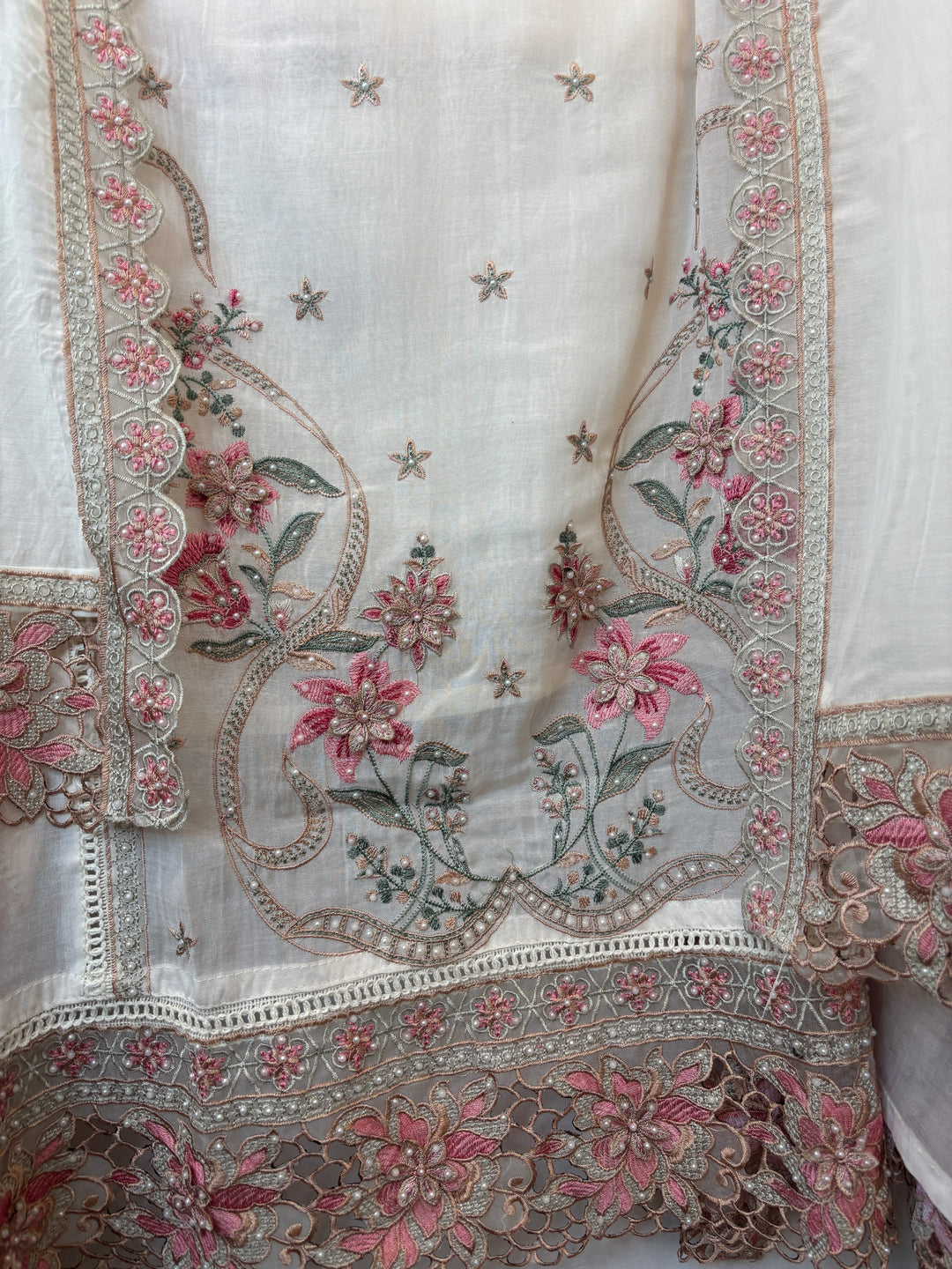 Pink Mul Cotton 3D Floral Embroidered Suit Set