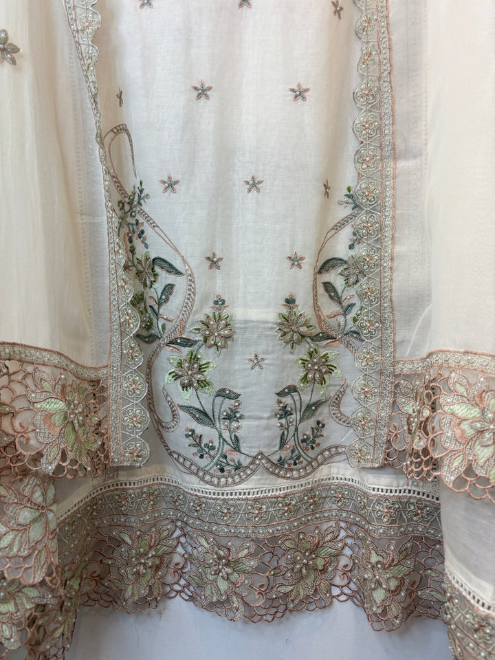 Green Mul Cotton 3D Floral Embroidered Suit Set