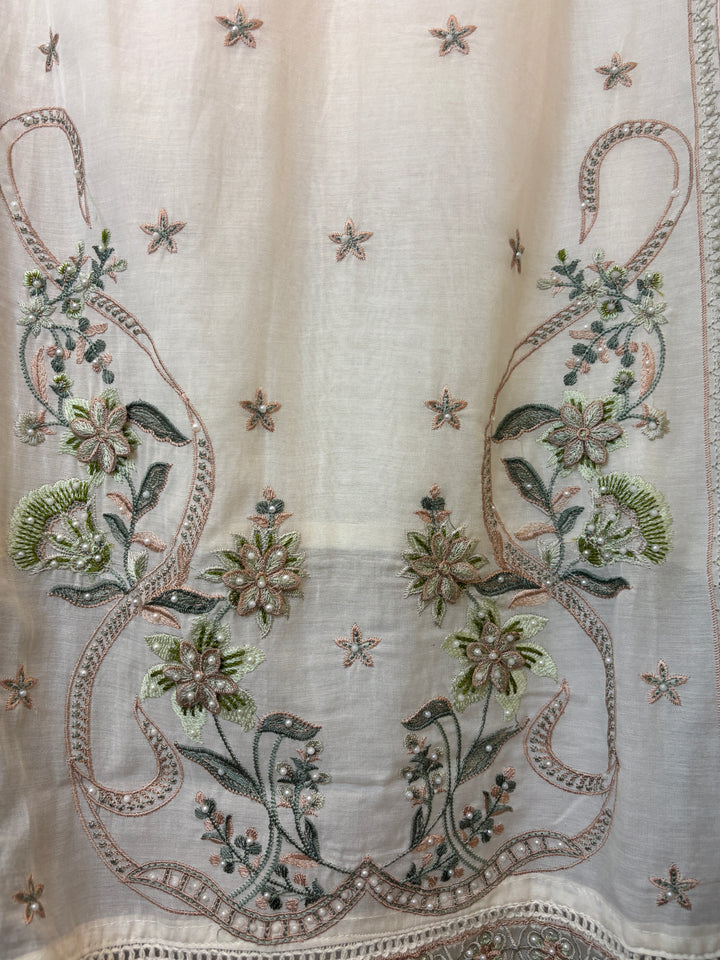 Green Mul Cotton 3D Floral Embroidered Suit Set
