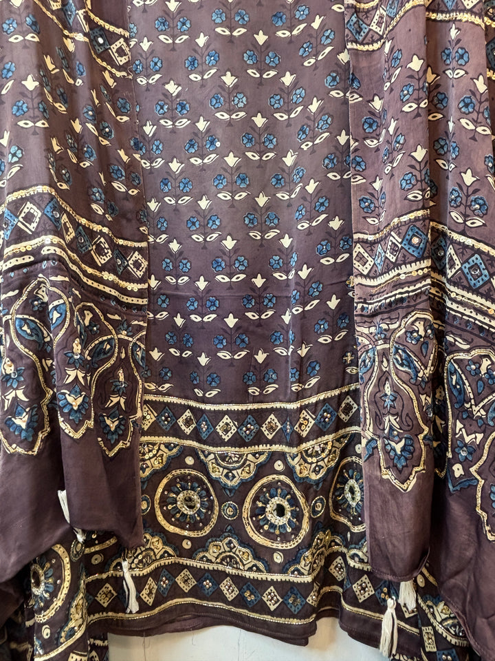 Purplish Brown Ajrakh Modal Mirror Work Suit Set