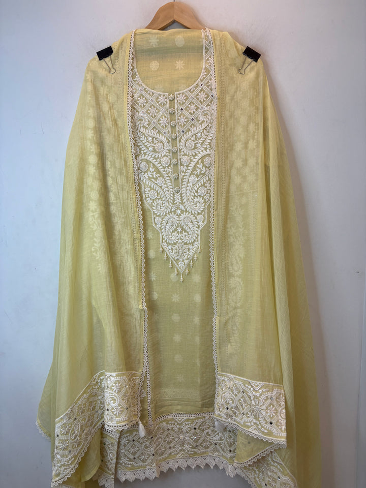 Yellow Mul Cotton Embroidered Suit Set with Mirror &amp; Pearl Work