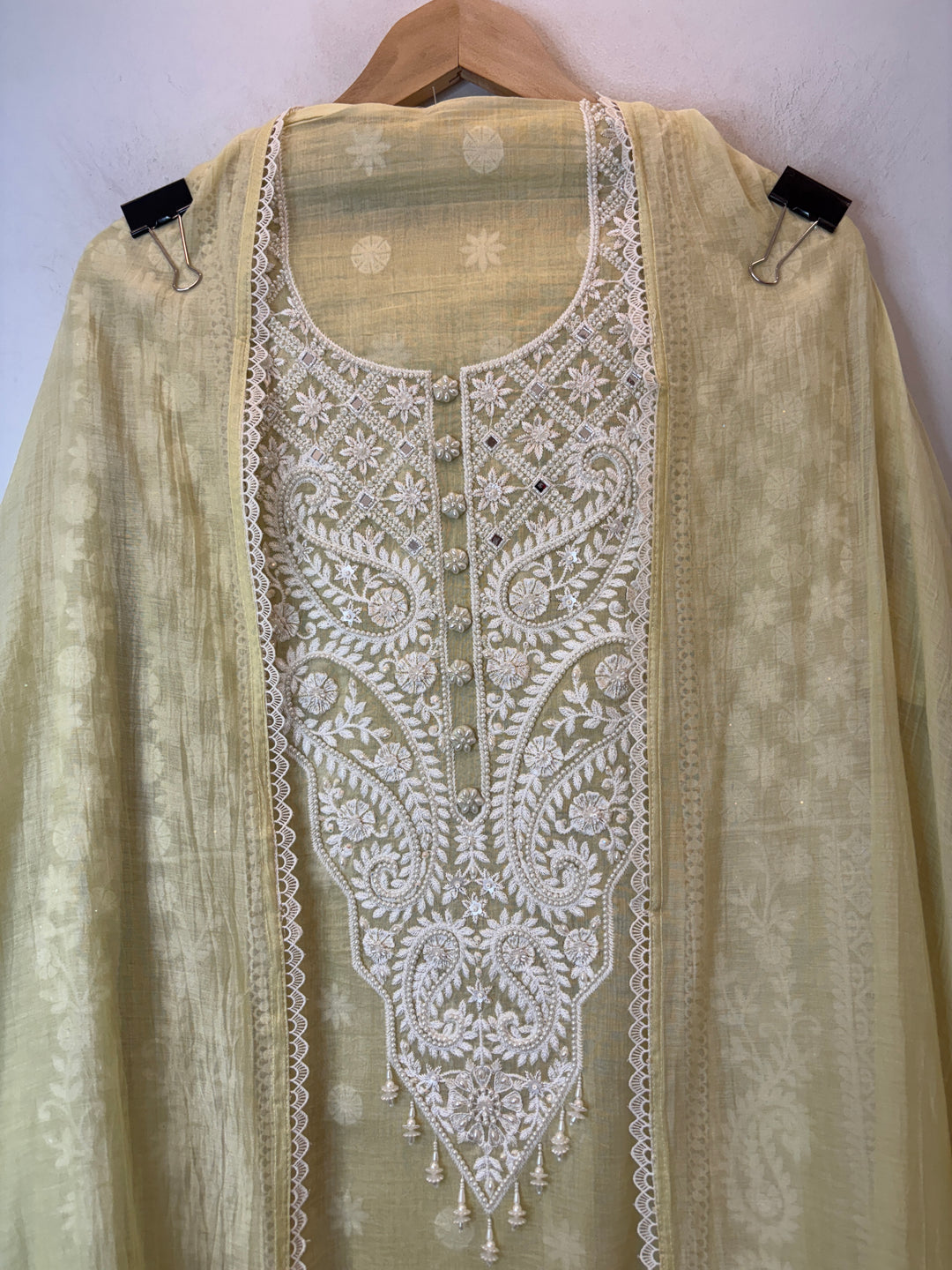 Yellow Mul Cotton Embroidered Suit Set with Mirror &amp; Pearl Work