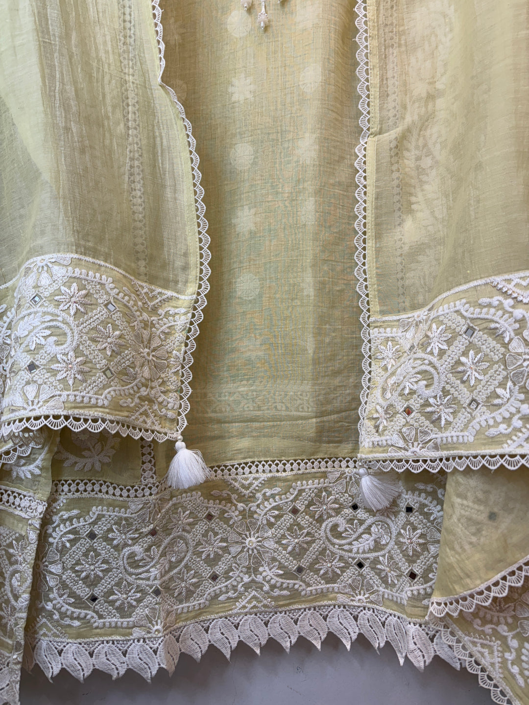 Yellow Mul Cotton Embroidered Suit Set with Mirror &amp; Pearl Work