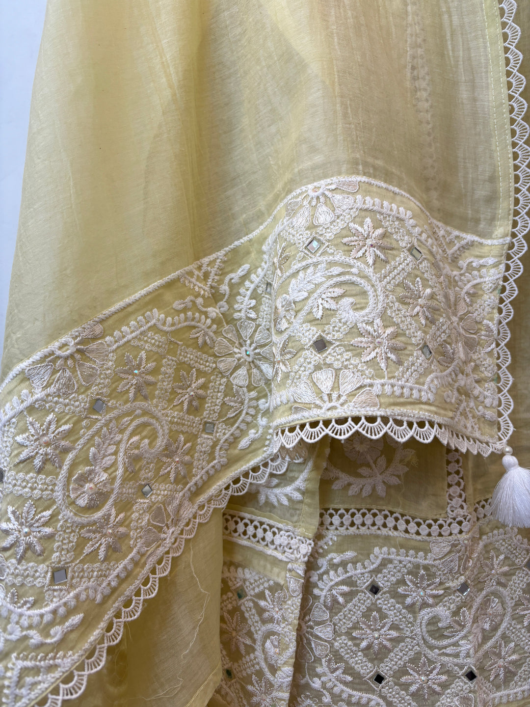 Yellow Mul Cotton Embroidered Suit Set with Mirror &amp; Pearl Work