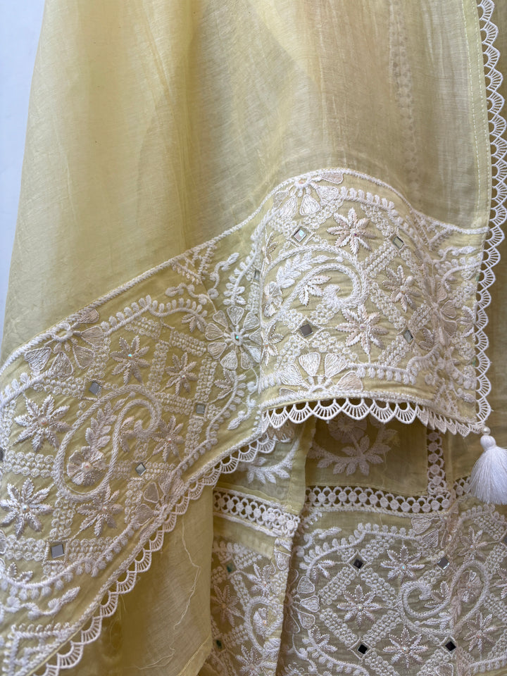 Yellow Mul Cotton Embroidered Suit Set with Mirror &amp; Pearl Work