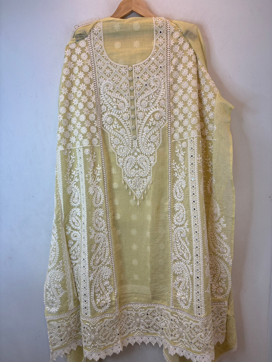 Yellow Mul Cotton Embroidered Suit Set with Mirror &amp; Pearl Work