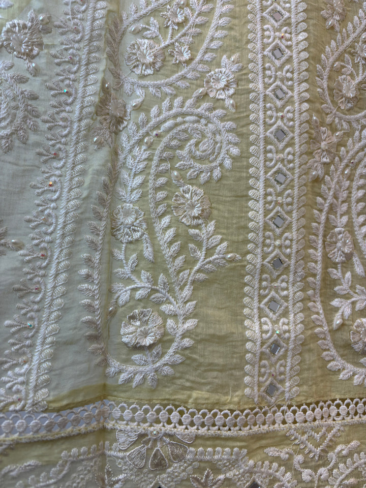 Yellow Mul Cotton Embroidered Suit Set with Mirror &amp; Pearl Work