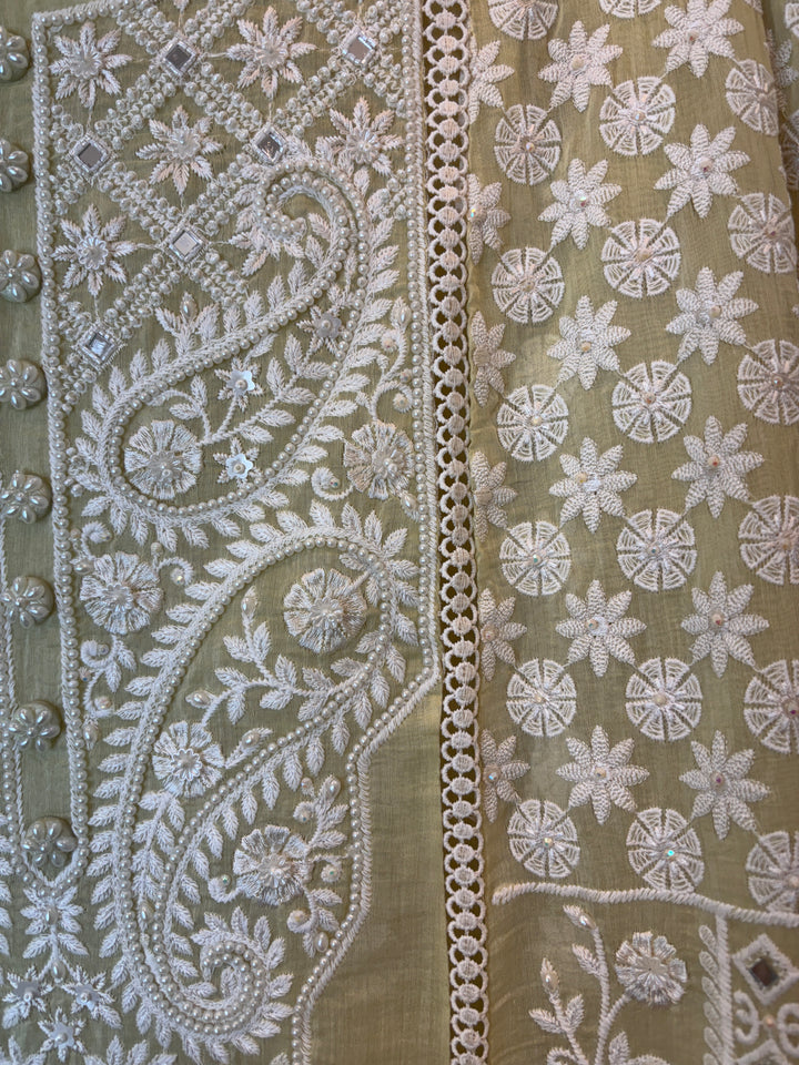 Yellow Mul Cotton Embroidered Suit Set with Mirror &amp; Pearl Work