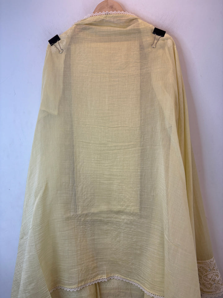 Yellow Mul Cotton Embroidered Suit Set with Mirror &amp; Pearl Work