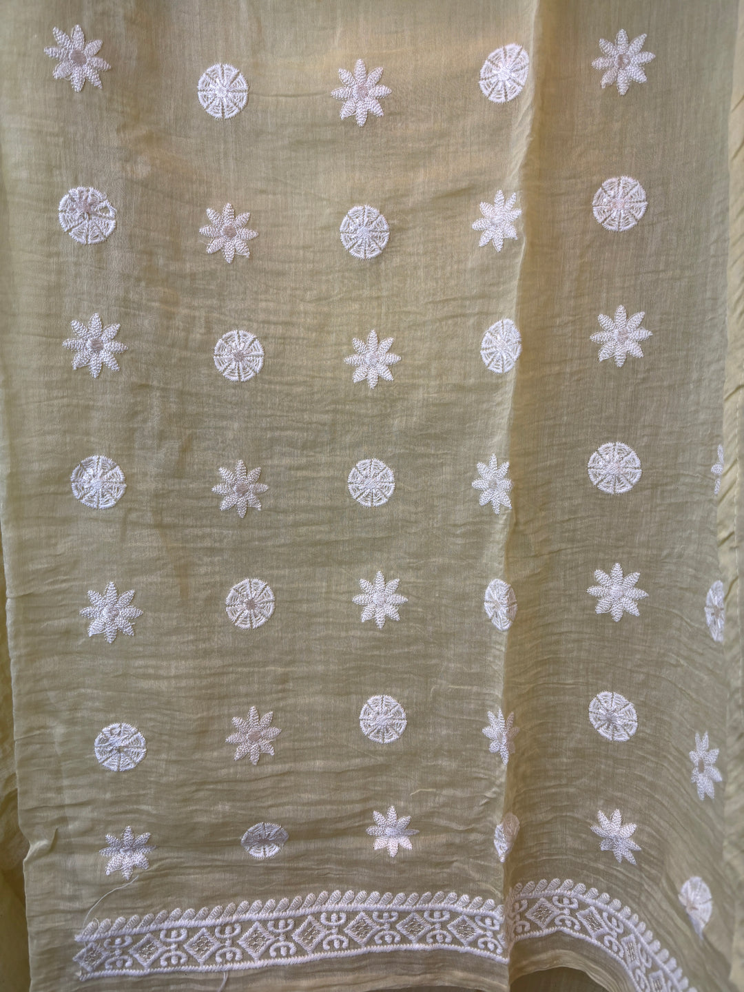 Yellow Mul Cotton Embroidered Suit Set with Mirror &amp; Pearl Work