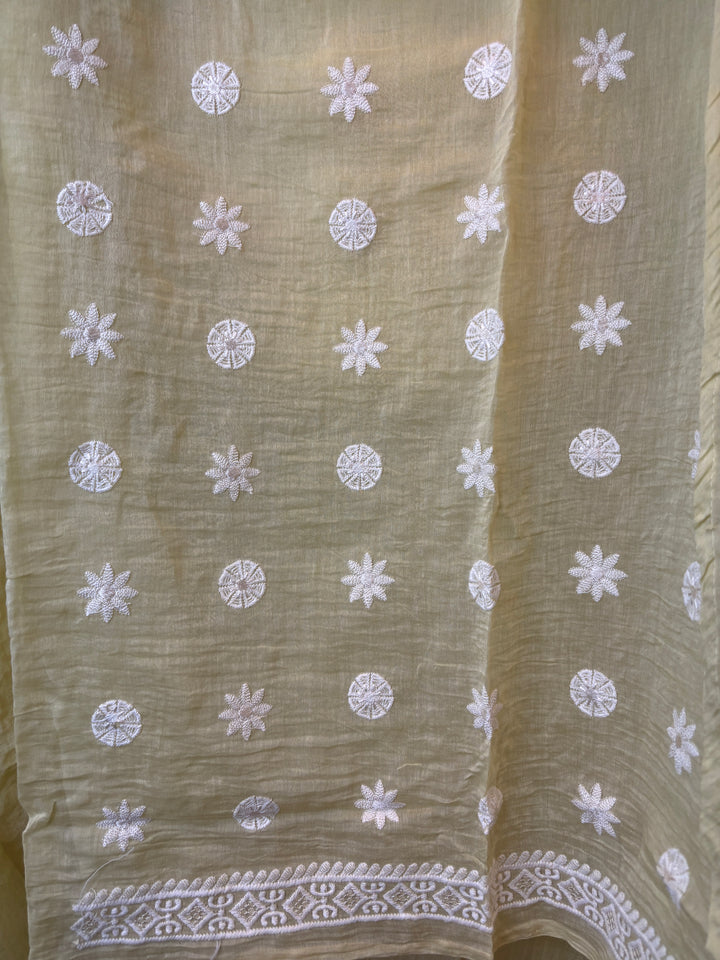 Yellow Mul Cotton Embroidered Suit Set with Mirror &amp; Pearl Work