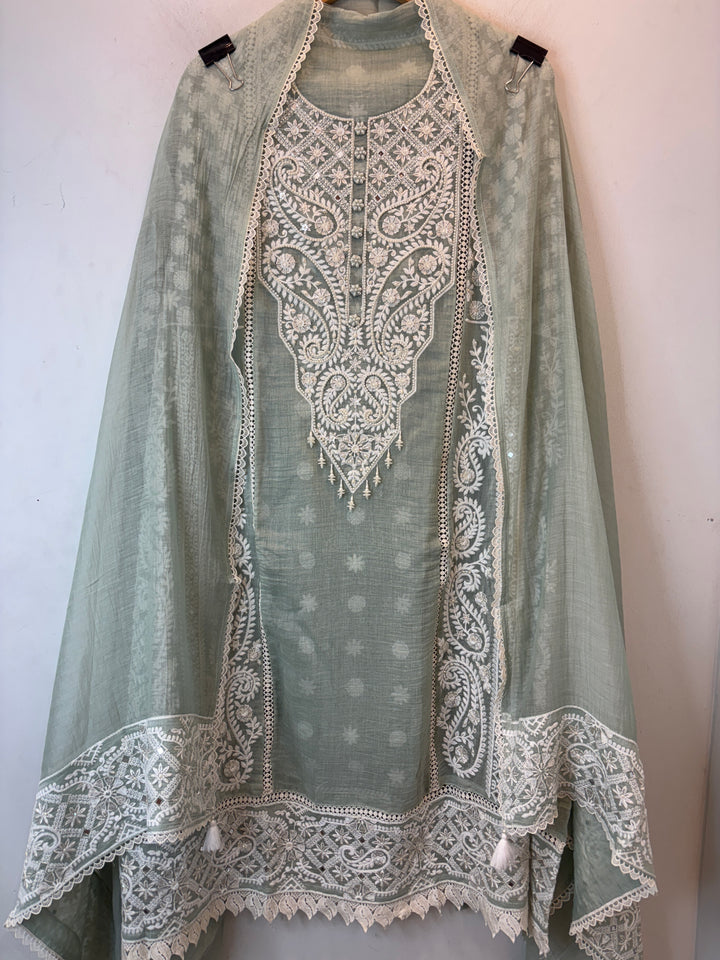 Green Mul Cotton Embroidered Suit Set with Mirror &amp; Pearl Work
