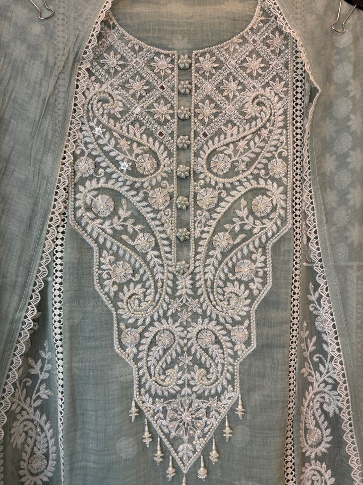 Green Mul Cotton Embroidered Suit Set with Mirror &amp; Pearl Work