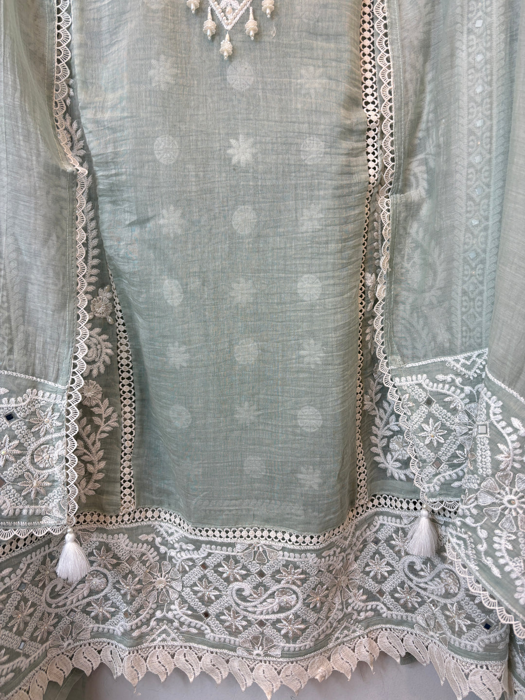 Green Mul Cotton Embroidered Suit Set with Mirror &amp; Pearl Work