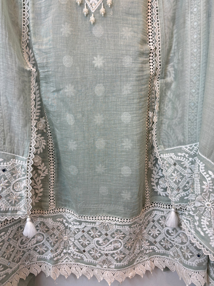 Green Mul Cotton Embroidered Suit Set with Mirror &amp; Pearl Work