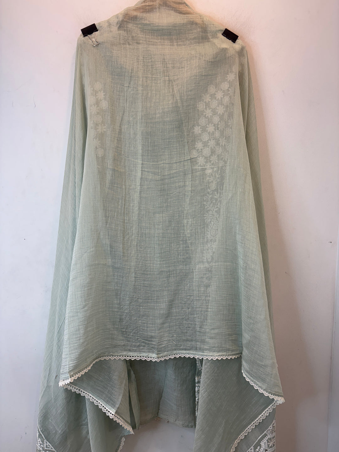 Green Mul Cotton Embroidered Suit Set with Mirror &amp; Pearl Work