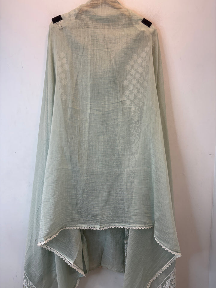 Green Mul Cotton Embroidered Suit Set with Mirror &amp; Pearl Work