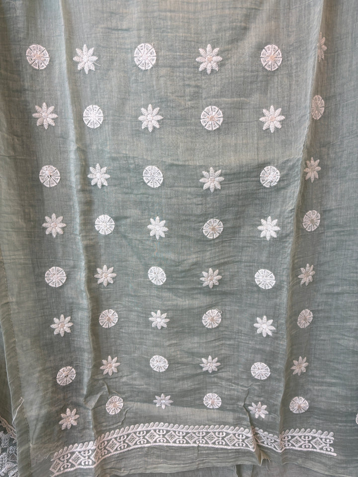 Green Mul Cotton Embroidered Suit Set with Mirror &amp; Pearl Work